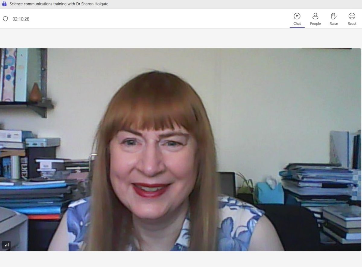 Screenshot of Sharon Ann Holgate wearing a blue and white floral pattern blouse taken via the video conferencing software which was used to enable remote delivery of the workshop.